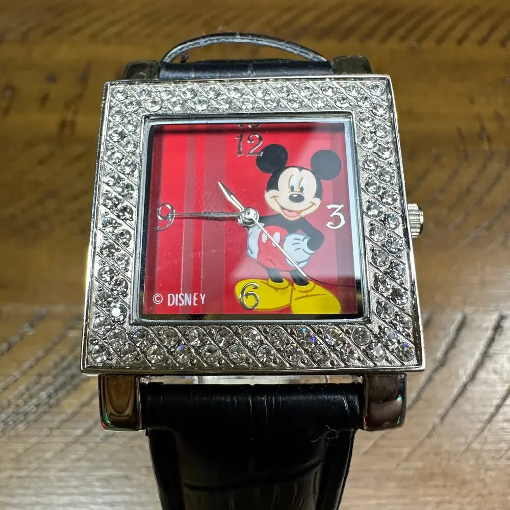Vintage Disney Mickey Mouse Watch Reptile Print Band Swarovski Type Crystals